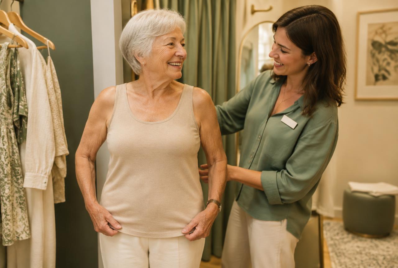 Illustrative photo of a fitter helping a woman try on a tank in a fitting room
