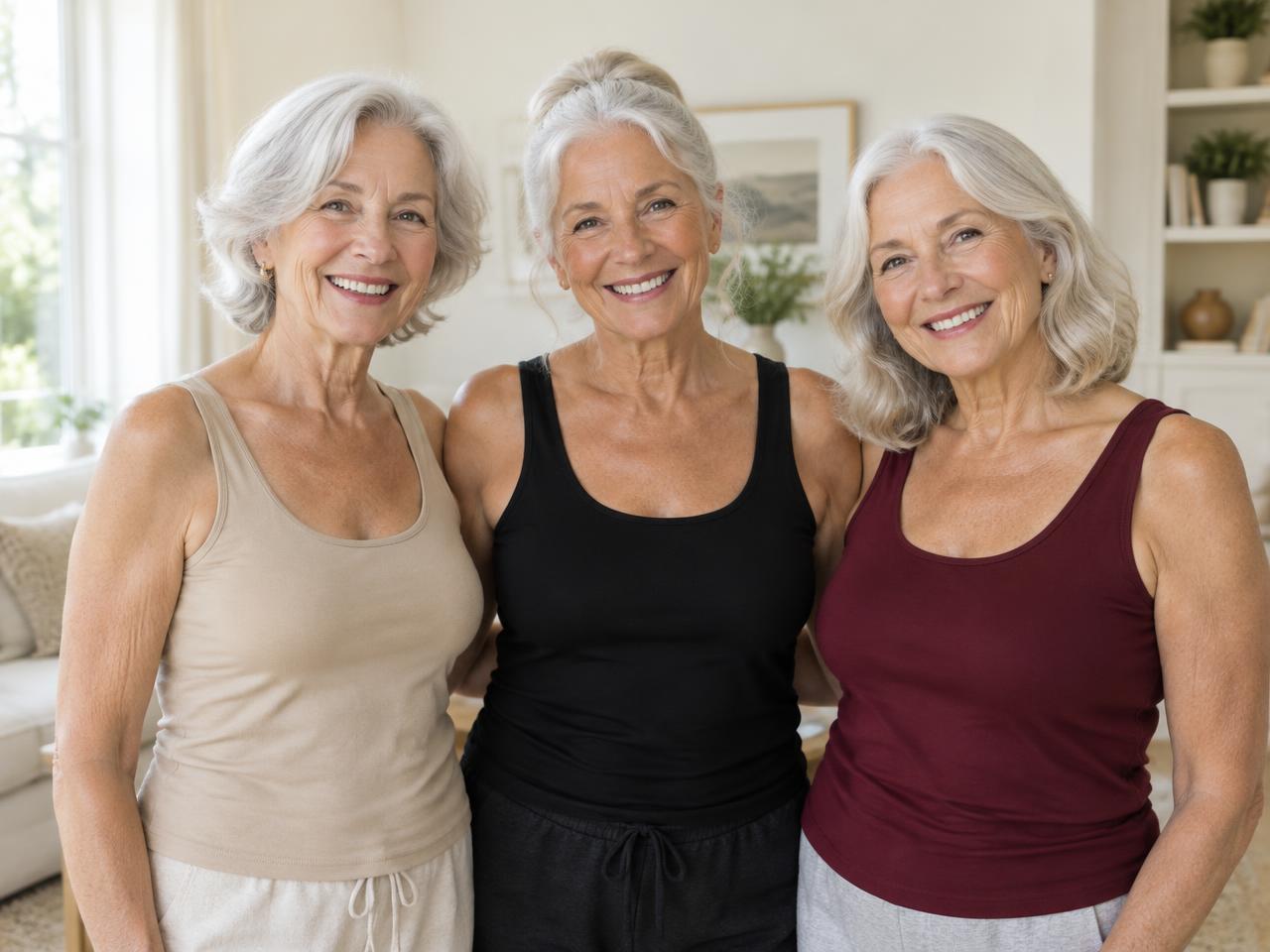 Three women in their seventies talking in a bright living room