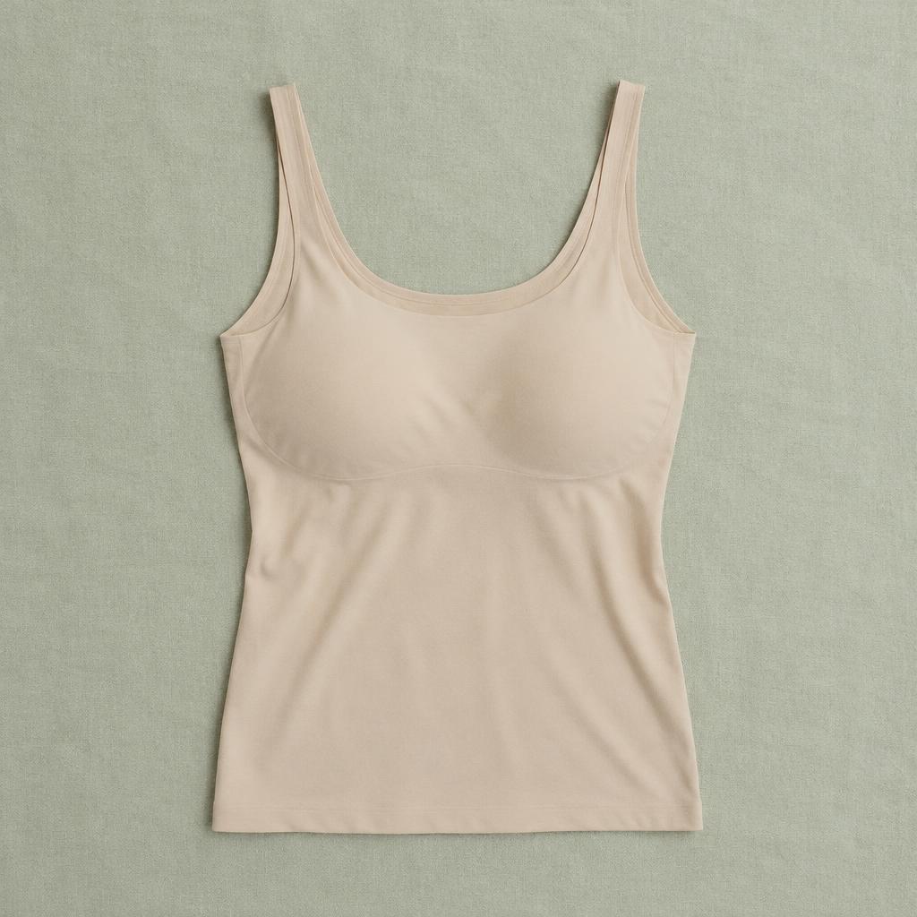 Illustrative flat lay of a beige tank on sage linen